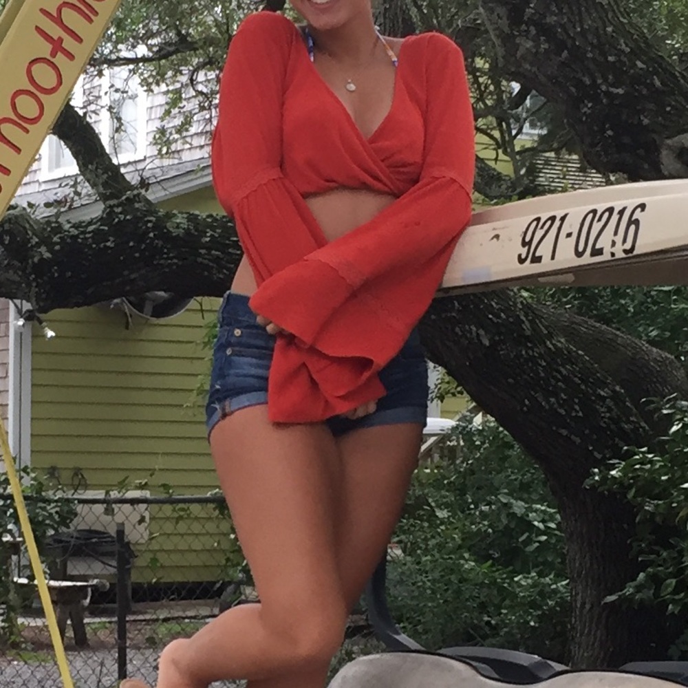 Flowy Orange Crop Top with Bell Sleeves